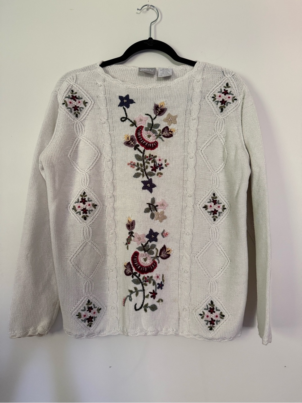 Blair Embroidered Floral Vintage White Sweater Size Large Womens Grandma Core